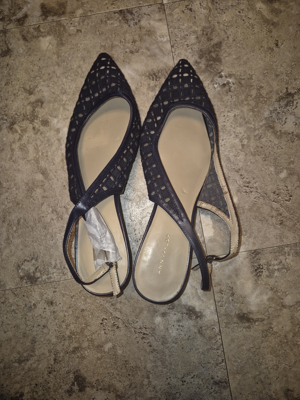 Anne Klein Navy Blue Pointed Slingback Flats with Cutout Details